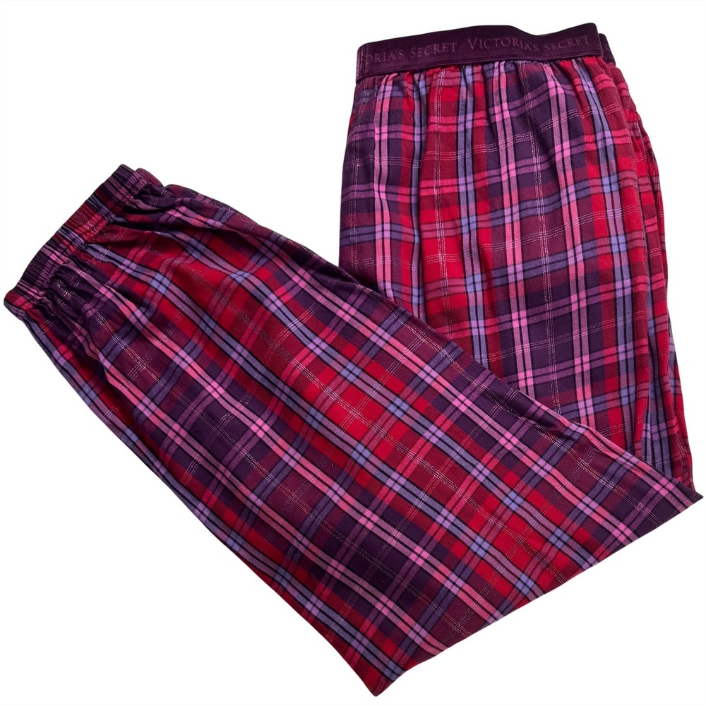 Victorias Secret Plaid Pajama Pants Red Purple‎ Metallic Lurex lounge Womens L